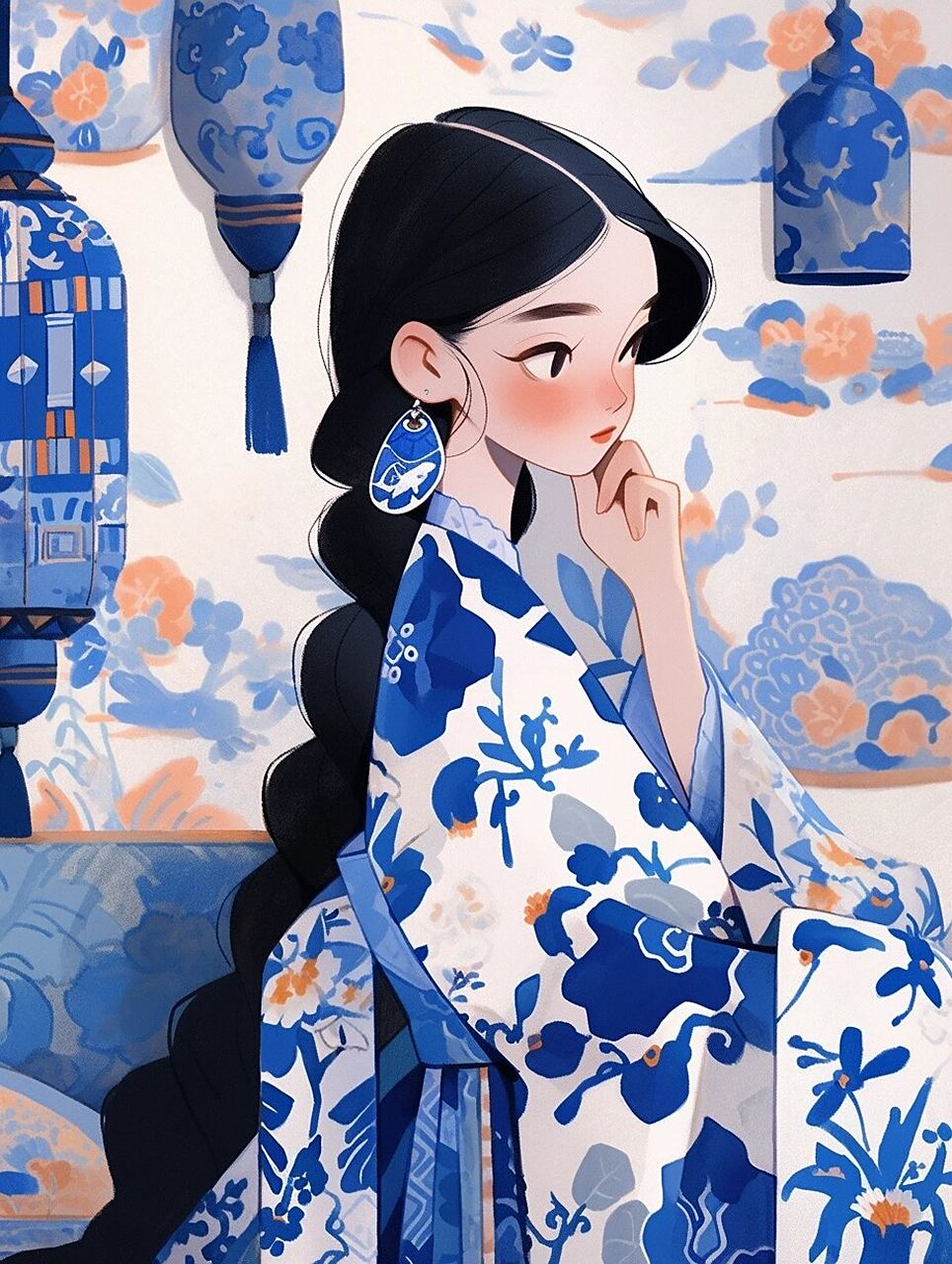 国画人物插画太美啦  青花瓷,国风韵味浓郁.