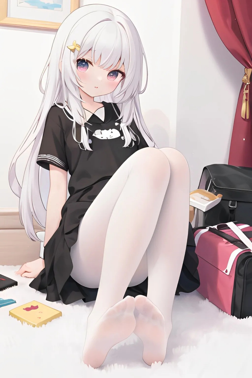 身穿黑色连衣裙与白丝袜的白发少女#二次元美图