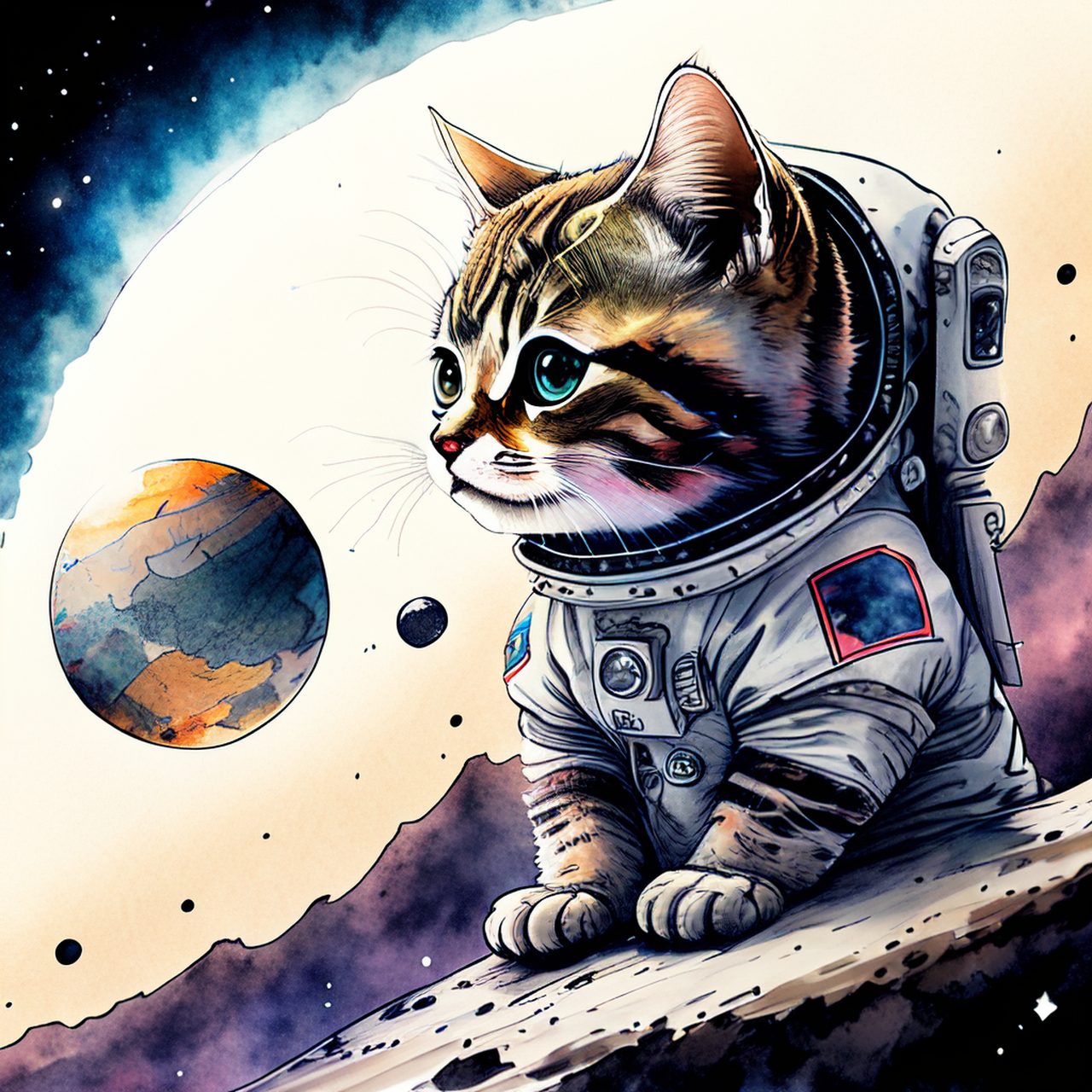 在遥远的外太空,一只名叫小星球的猫穿着特制的猫型宇航服,漂浮在无