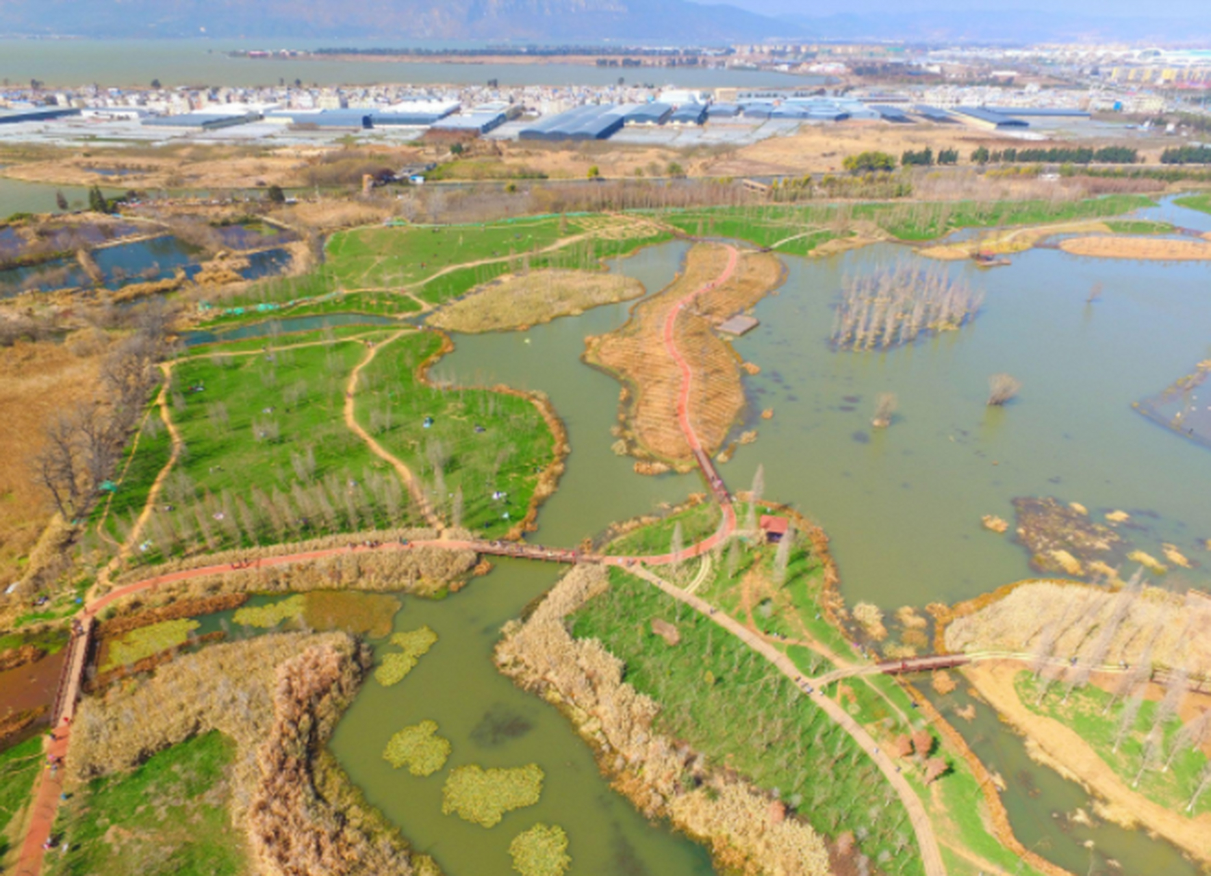 昆明海东湿地公园坐落于昆明环湖东路以南滇池以北,是环滇池生态公园