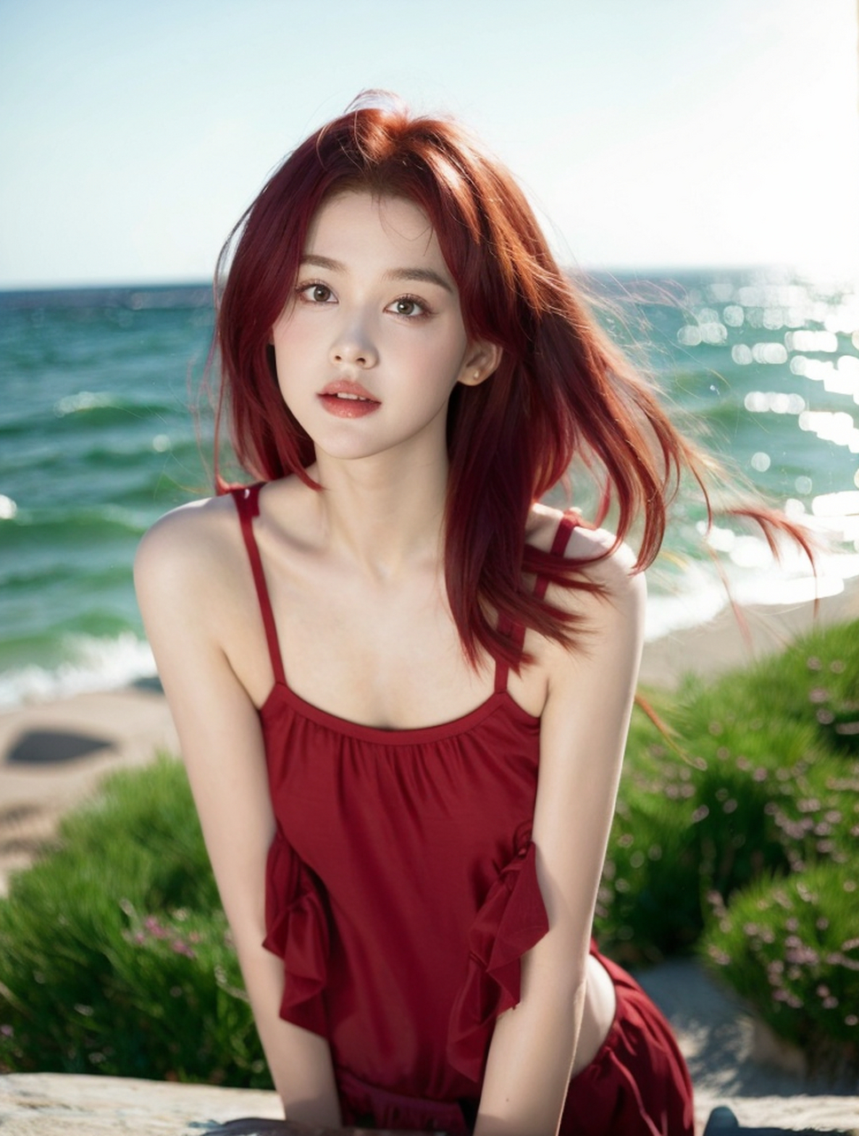 绝色红发美少女海边写真艺术照,个性美女人像高清壁纸#美女#养眼