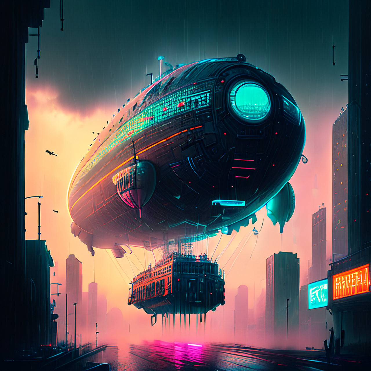 百度ai绘图黑科技#俯瞰赛博朋克城市,飞艇在空中穿梭,五颜六色,雾