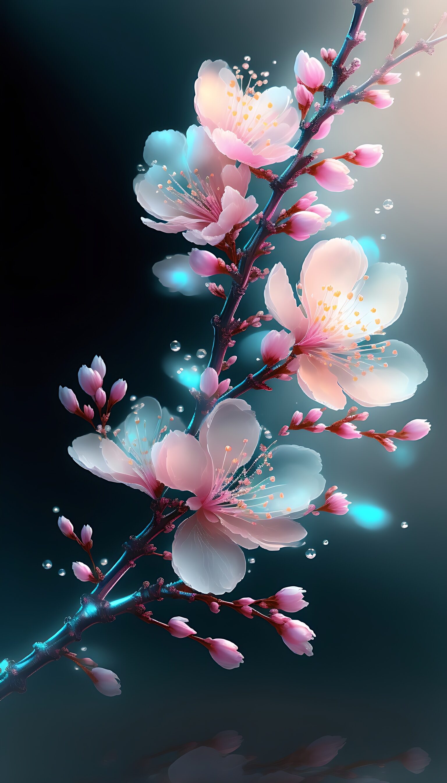在春日的微光里, 桃花枝伸展出美丽的光谱, 粉红色的花瓣闪烁着蓝色的