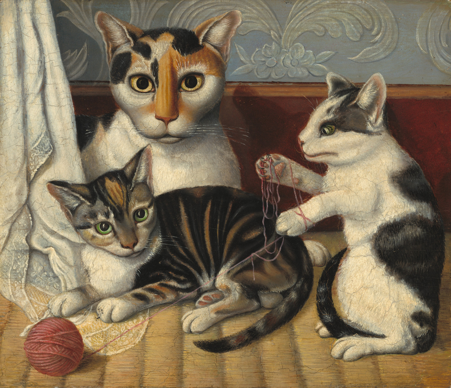 画作名称:	cat and kittens 中文名称:	猫和小猫 画 家:	19世纪美国人