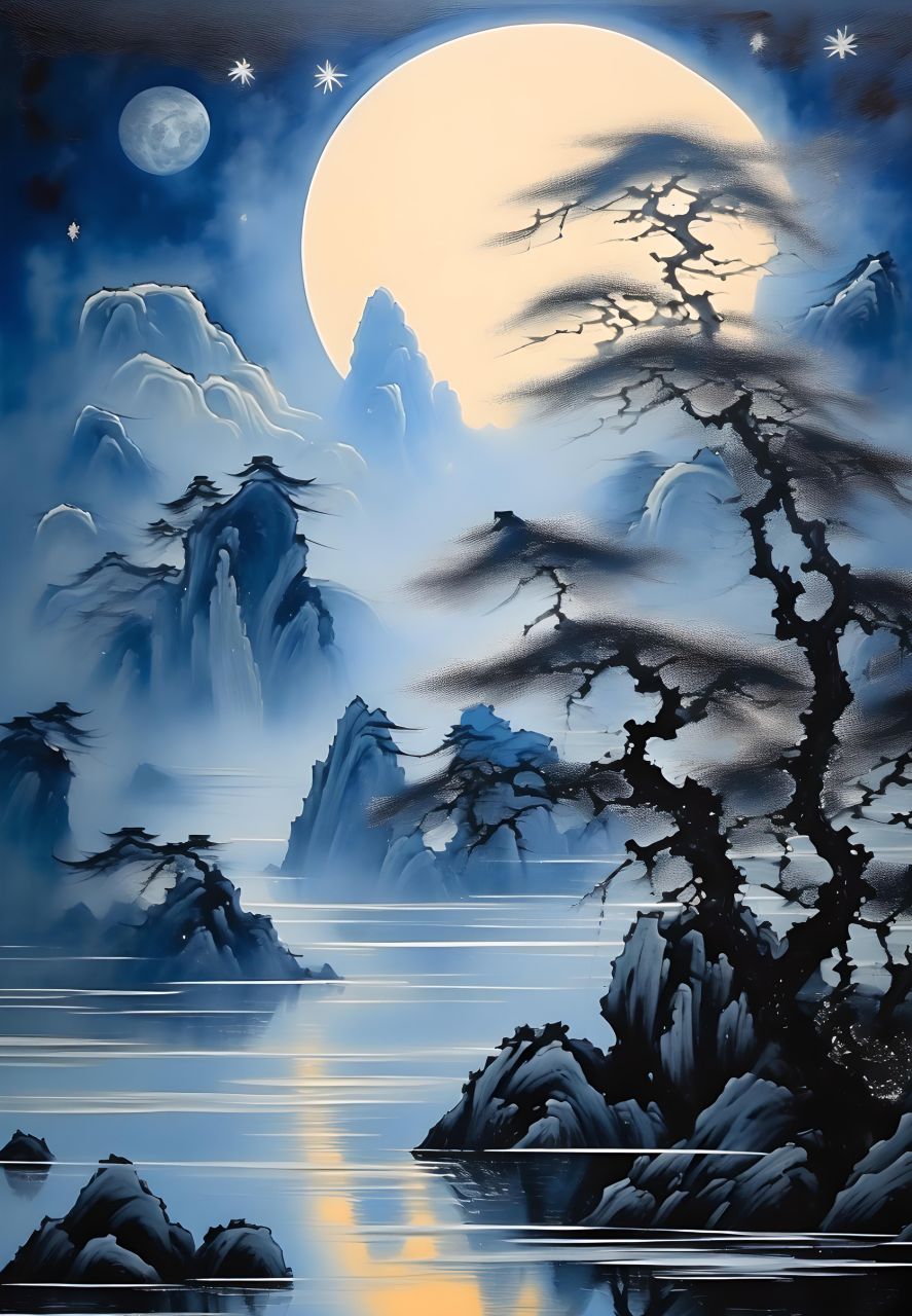 月色如银洒窗纱,秋风吹过思故家,#水墨画##水墨风##古风##中国画