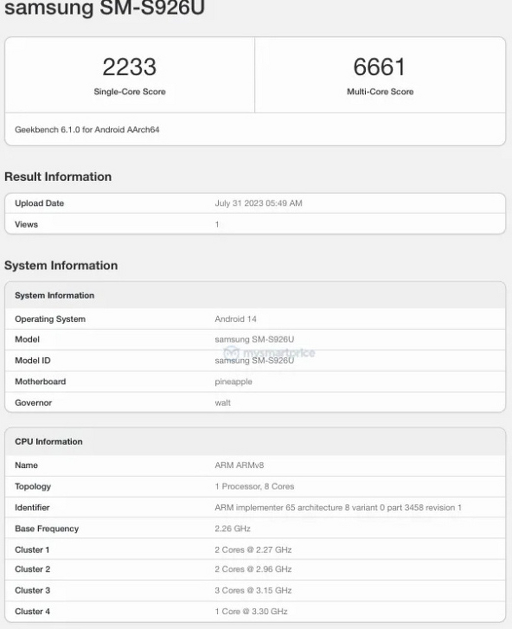 骁龙8gen3 geekbench跑分出炉,基于三星galaxy s24 plus,单核2233分