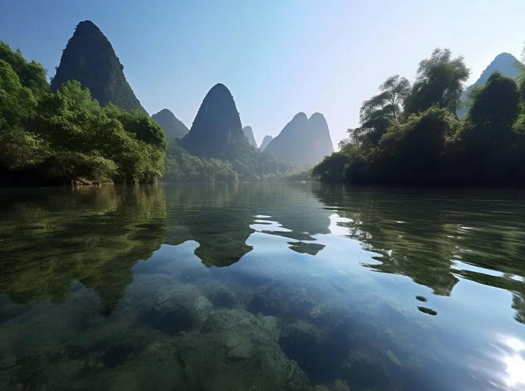 广西山山水水水连天  广西桂林漓江美景, 听着江水潺潺, 呼吸着清新的