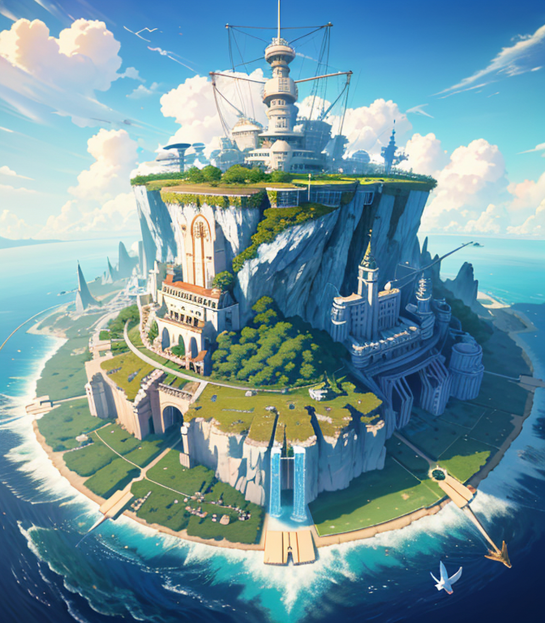 史诗般的构图,许多岛屿悬浮在空中,许多小飞艇在周围飞行,神奇的植物