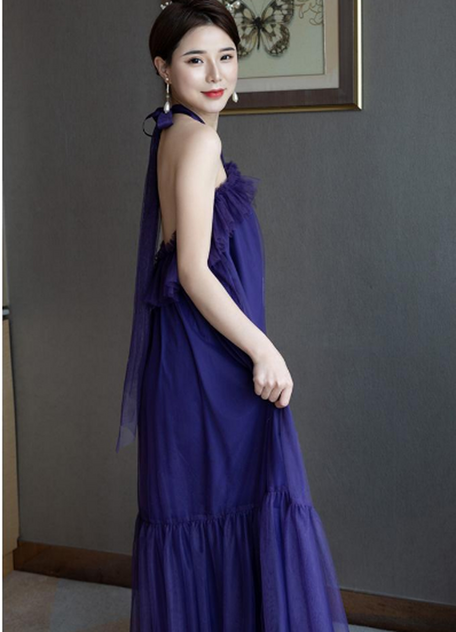 纯蓝色网纱挂脖新中式连衣长裙