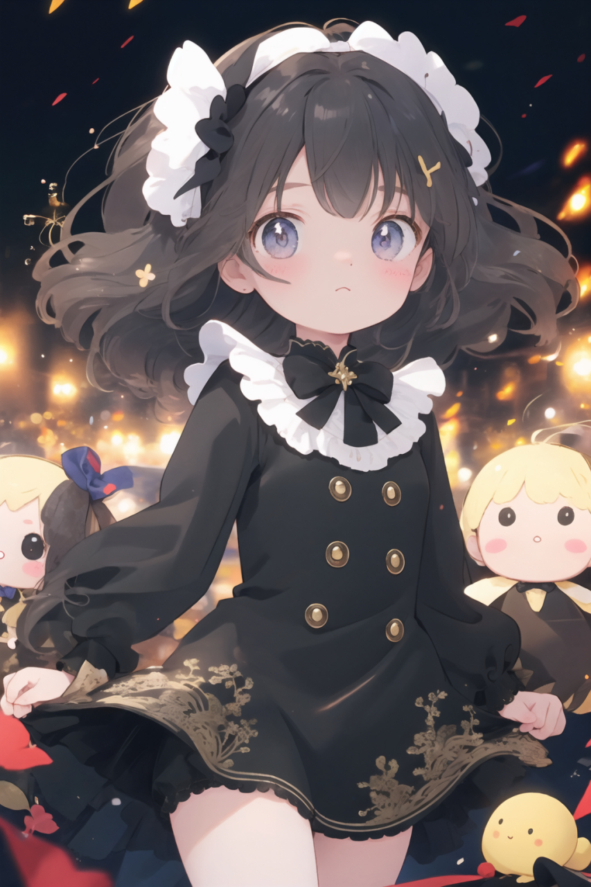 动漫女孩似天仙, 头戴珠宝巧发饰. 身姿曼妙着黑衣, 裙摆轻扬舞翩跹.