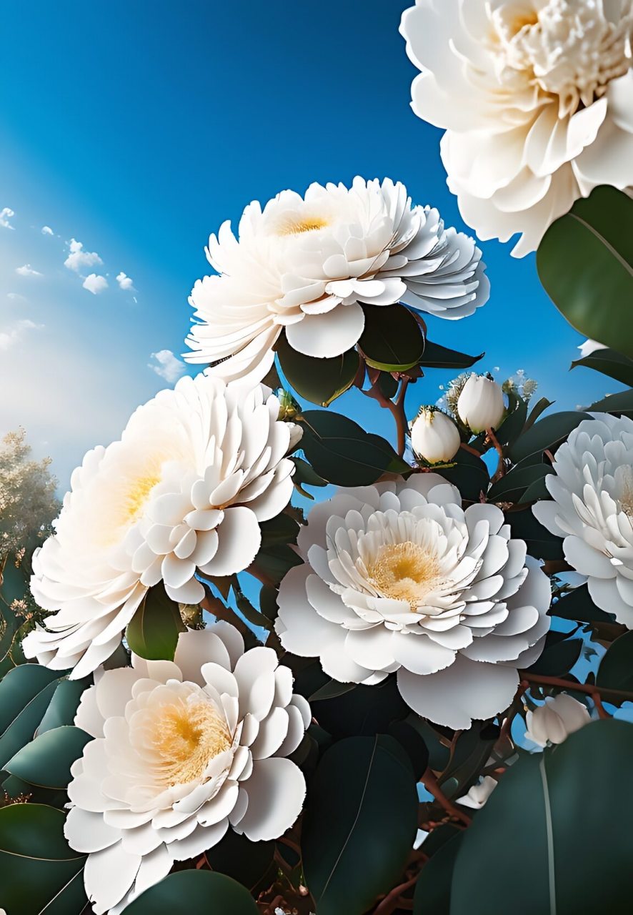 清晨的阳光透过树叶的缝隙,轻轻洒在白色山茶花上,让它们更加绚丽夺目