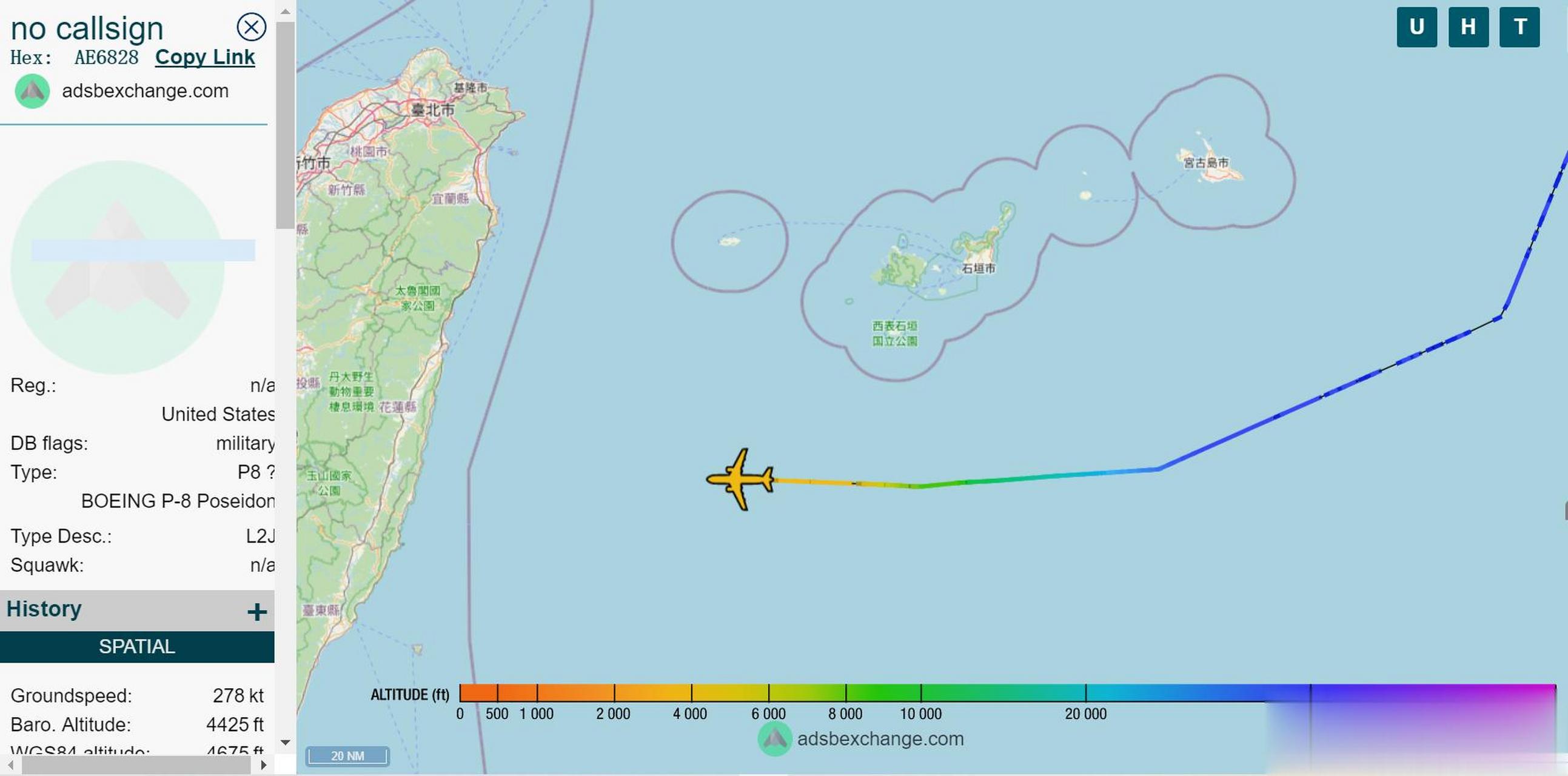 美國海軍p-8a反潛巡邏機正在臺島東部,與那國島南部海域進行反潛偵察.