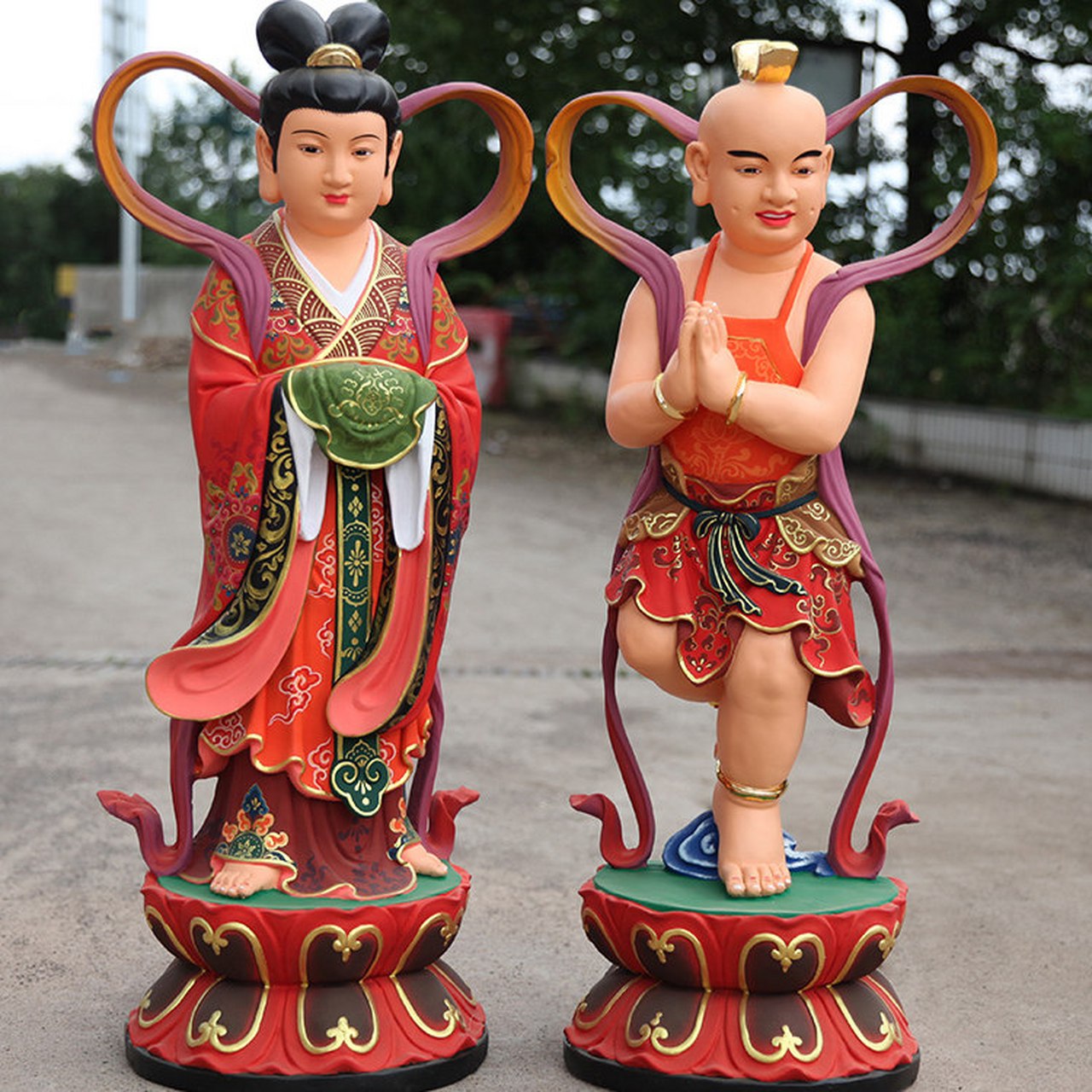 3米铸铜童男童女佛像 贴金铜金童玉女寺庙雕塑 纯铜金童玉女彩绘工艺