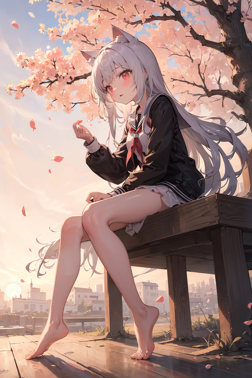 樱花树下的白毛猫耳娘[期待]  #二次元##ai绘画