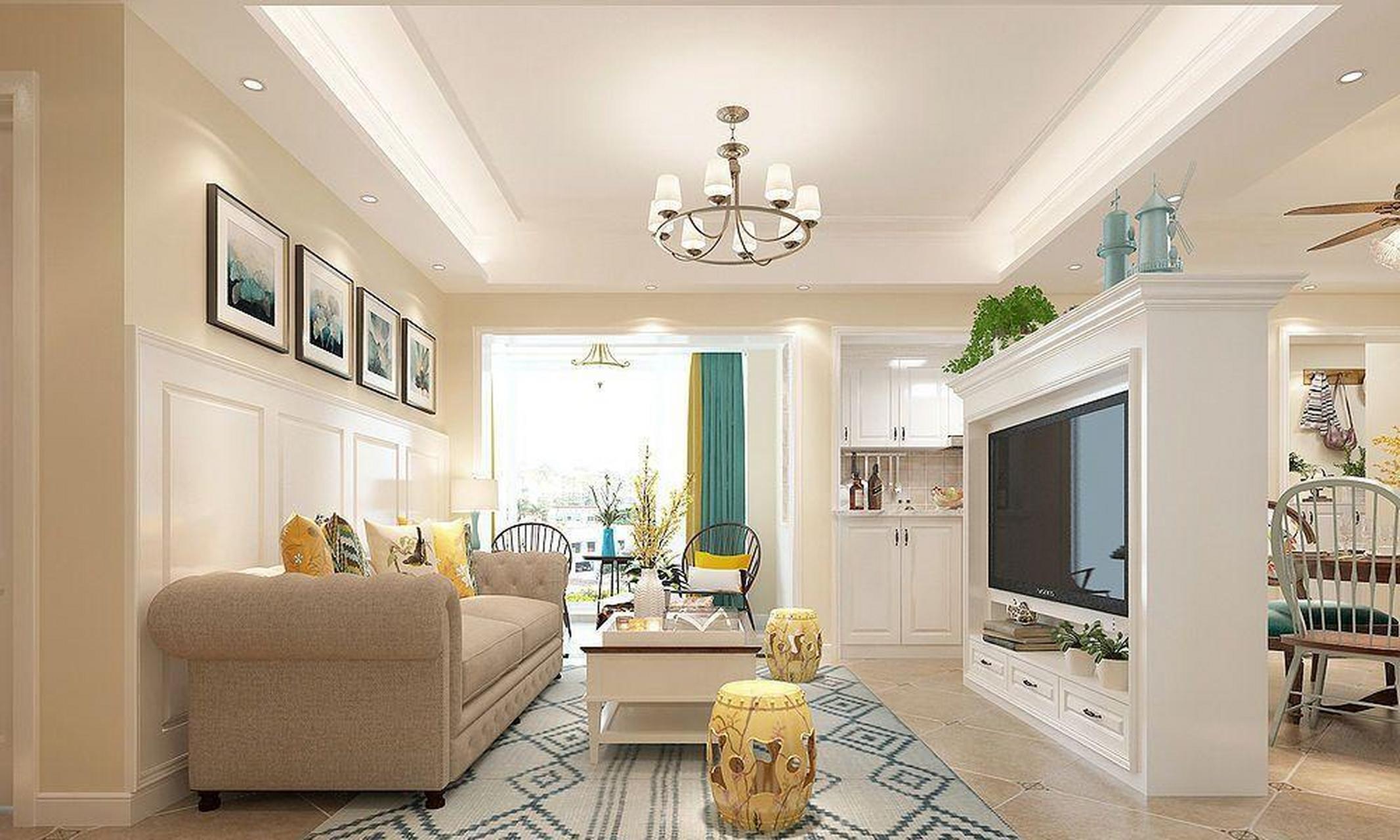 这是一套美式风格的设计案例,虽说是效果图,但电视墙采用半墙主义的