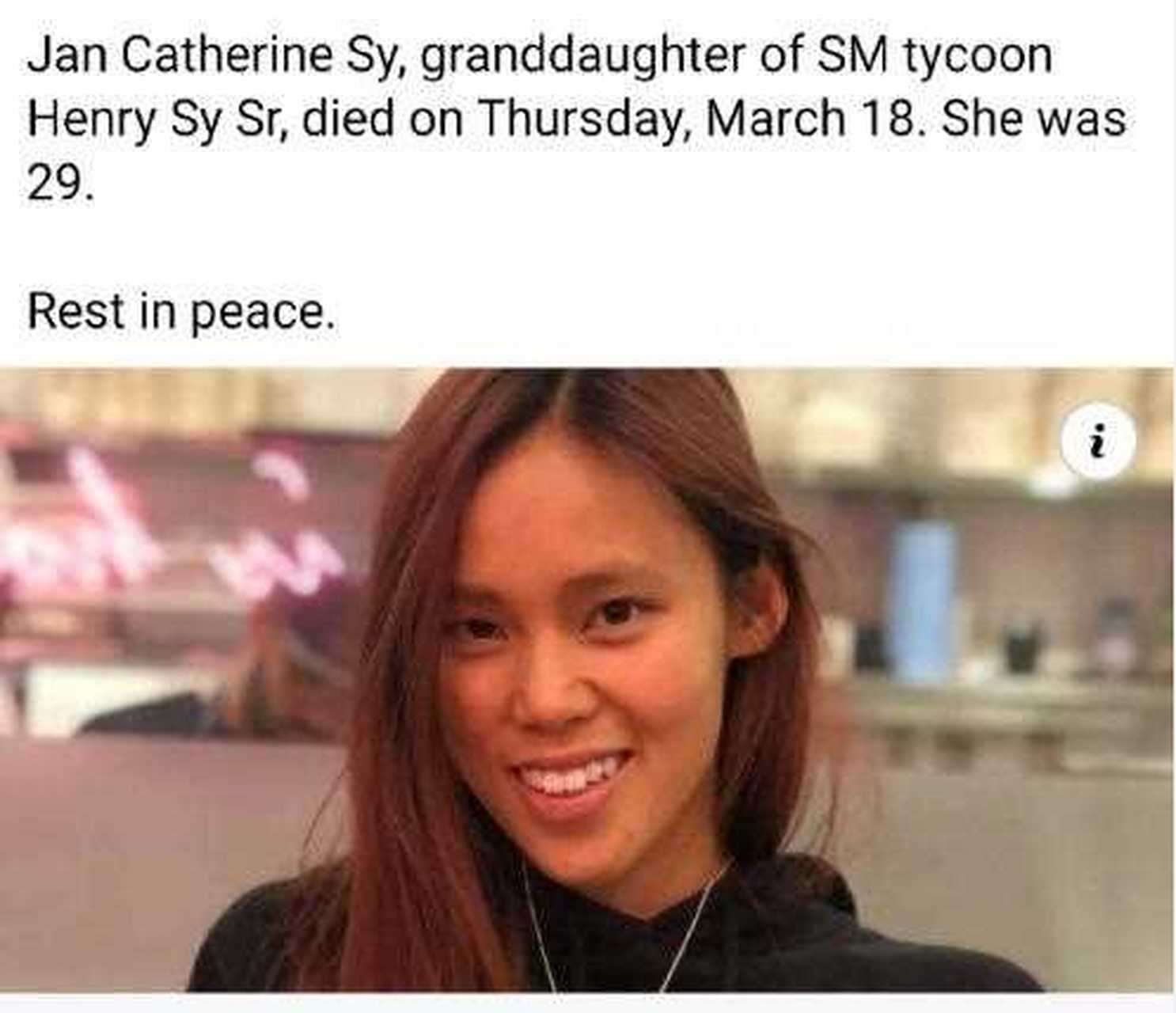 又一位名媛去世,她是菲律宾首富施至成孙女jan catherine sy,才年仅29