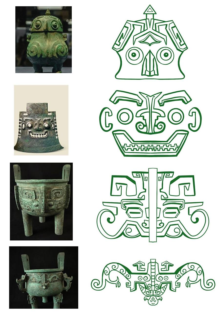 根据不同的青铜器花纹,提取它的细节将它放大进行创作.