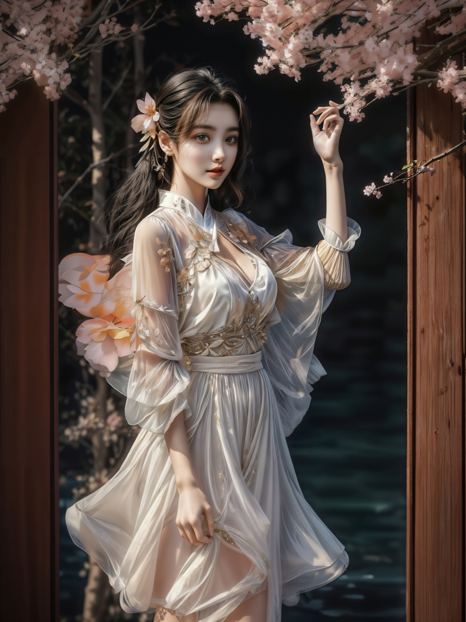 每日ai美女秀	阳光透过树枝的缝隙洒在小姐姐身穿白色丝绸汉服的身上