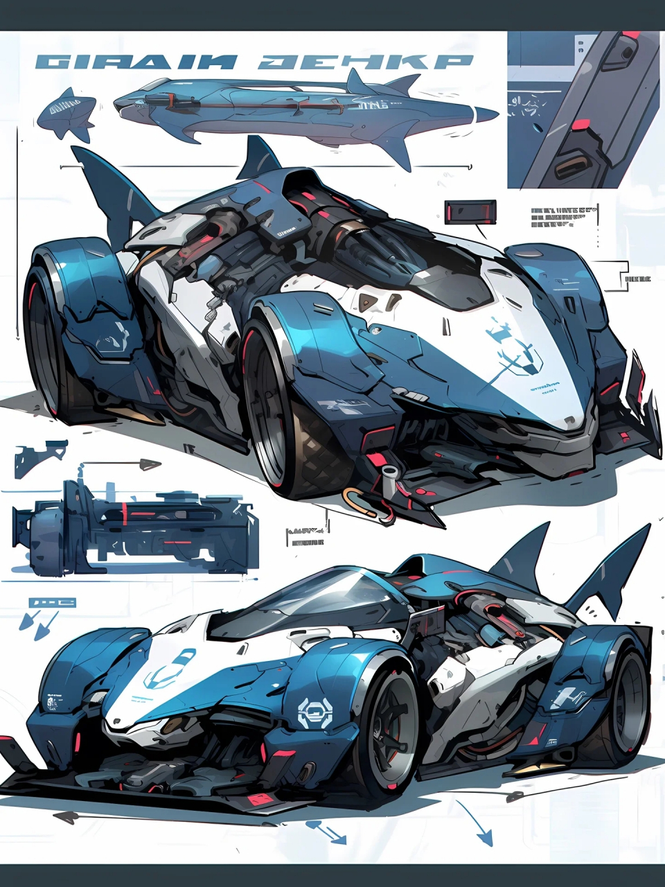 科幻生物载具概念设计 多图  科幻深海主题机甲跑车《狂鲨》 希望能给