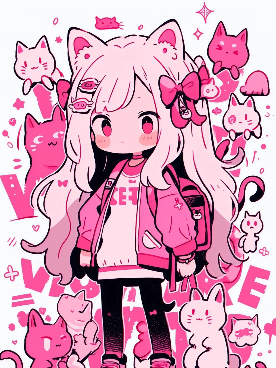 midjourney粉色系涂鸦可爱猫系女孩