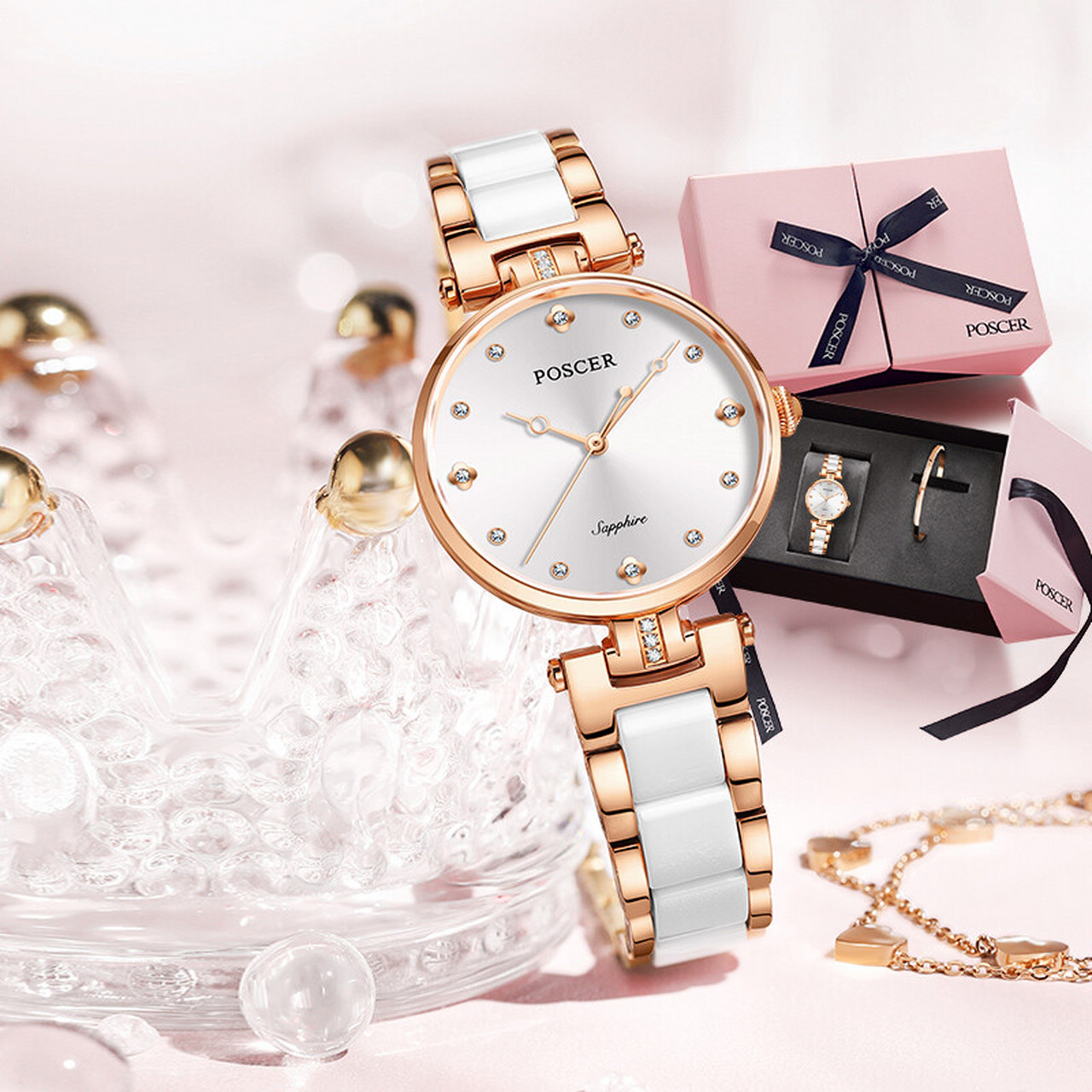 宝时捷(poscer)女表 雅致唯美系列女士石英表时尚ins风陶瓷表带手表女