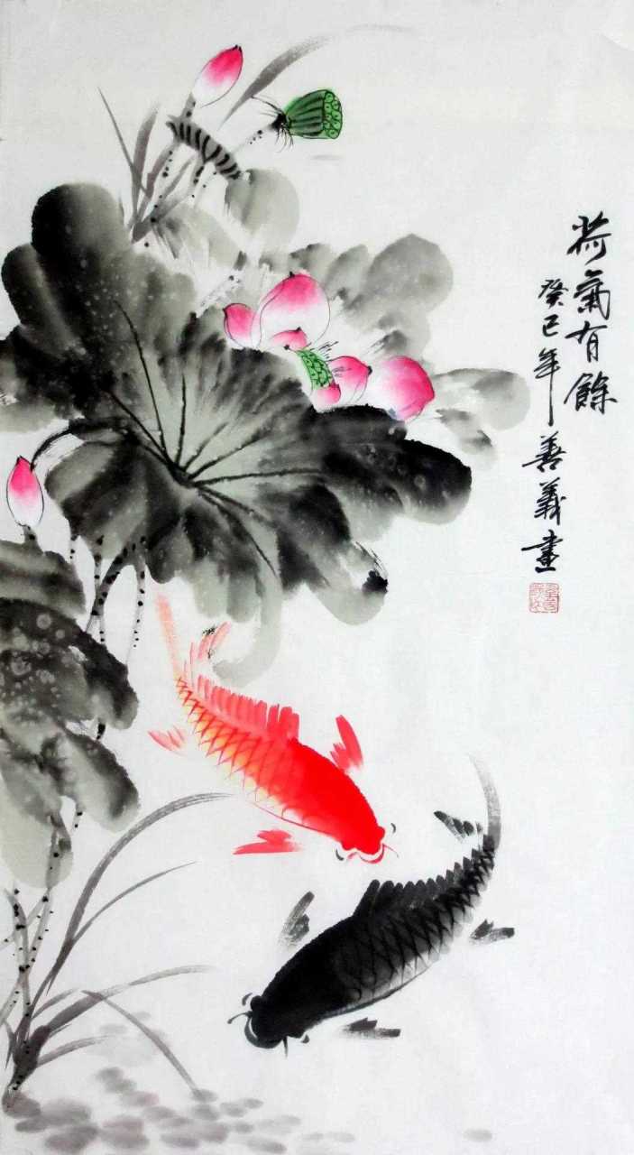 国画水墨荷花鱼