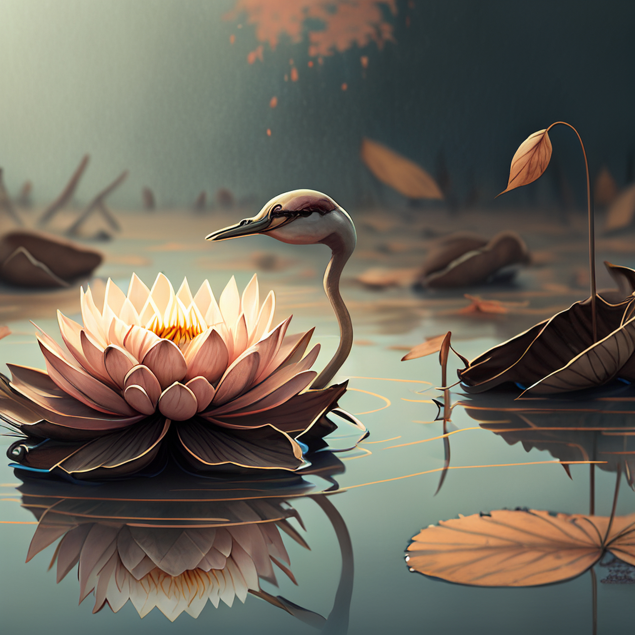 水禽并下照秋水,足踏枯荷浸莲漪.宁谧,明净,意境#百度文心一言来了#