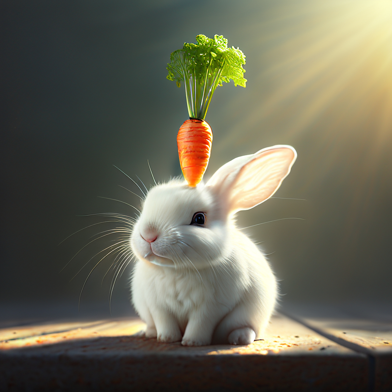 阳光下一只小白兔在认认真真吃着手里的胡萝卜头顶出现一行字"那都不