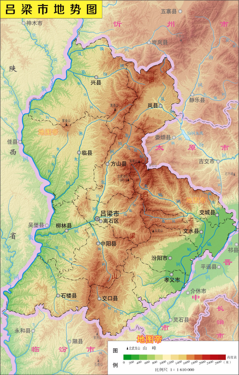 【吕梁市地形图】 吕梁市,位于山西省中西部,吕梁山脉中段,因吕梁山由