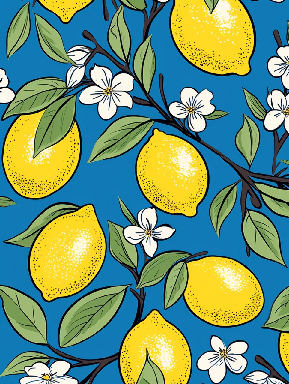 柠檬熟了  单矢量意大利蓝色瓷砖图案,柠檬,彩色
