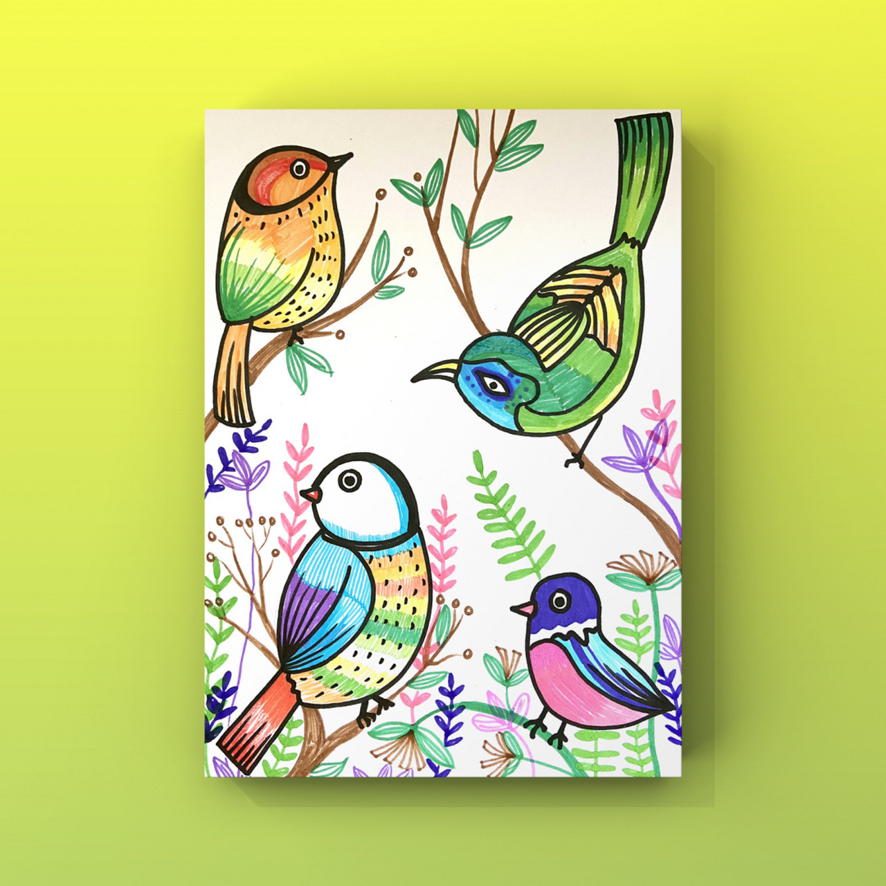 《小鸟》·水彩笔·少儿创意绘画 大自然里住着美丽的小鸟 五颜六色的