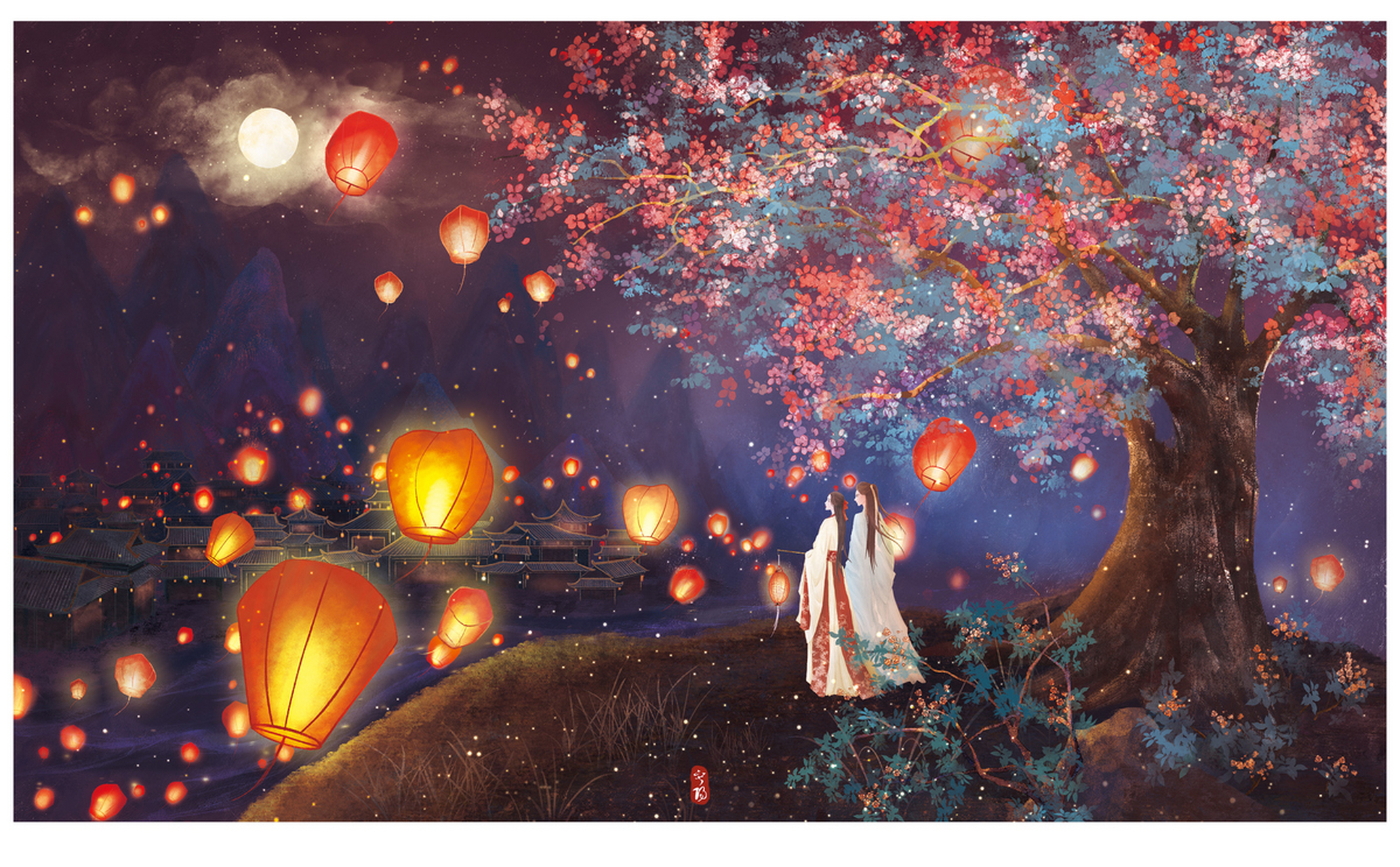 愿 漫天灯火,燃着无尽的寄托和愿望乘风飘去 插画师:寂阳#古风插画