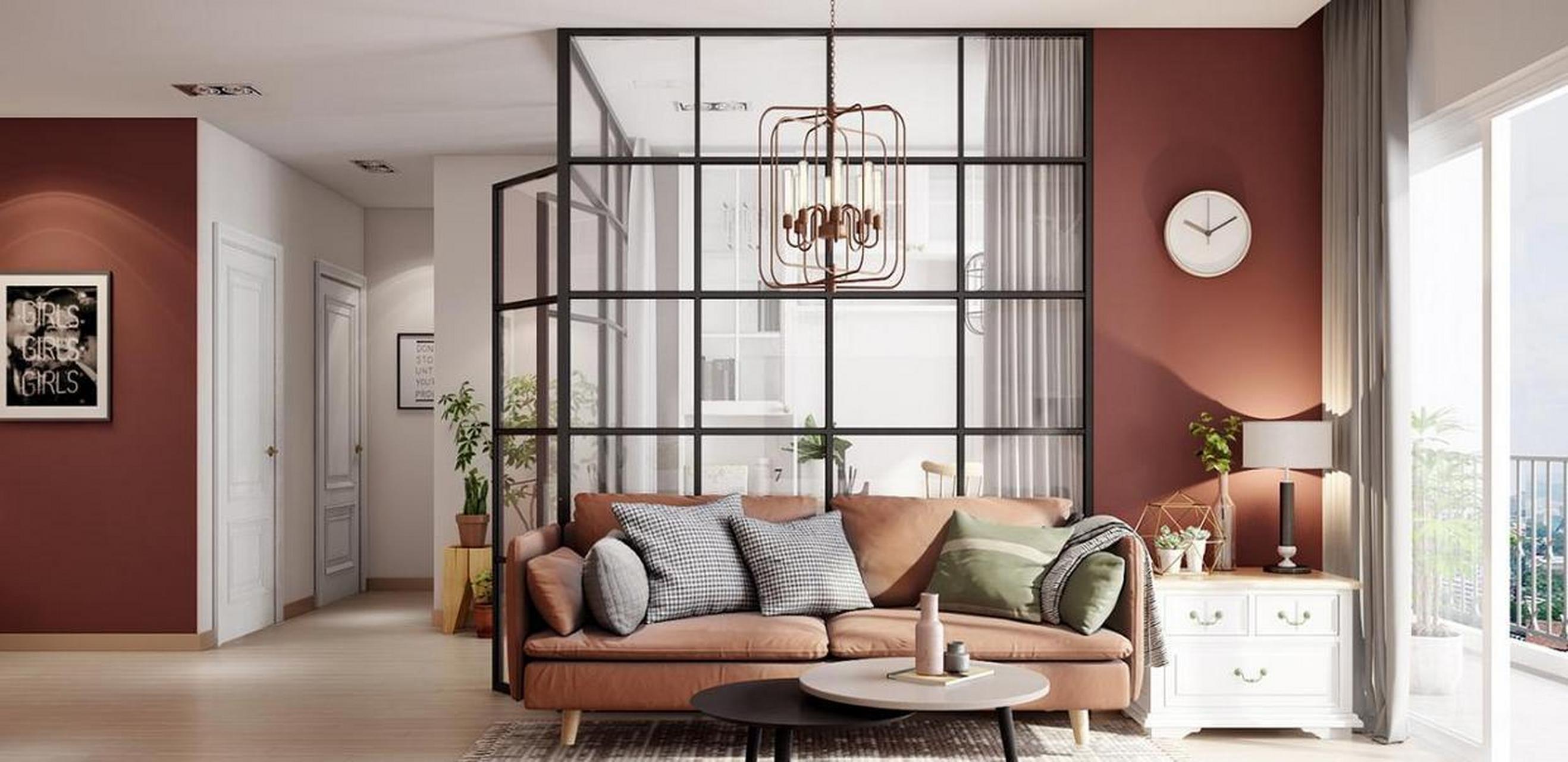 简单的北欧风小屋,配上黑框玻璃隔断和一抹朱红色.