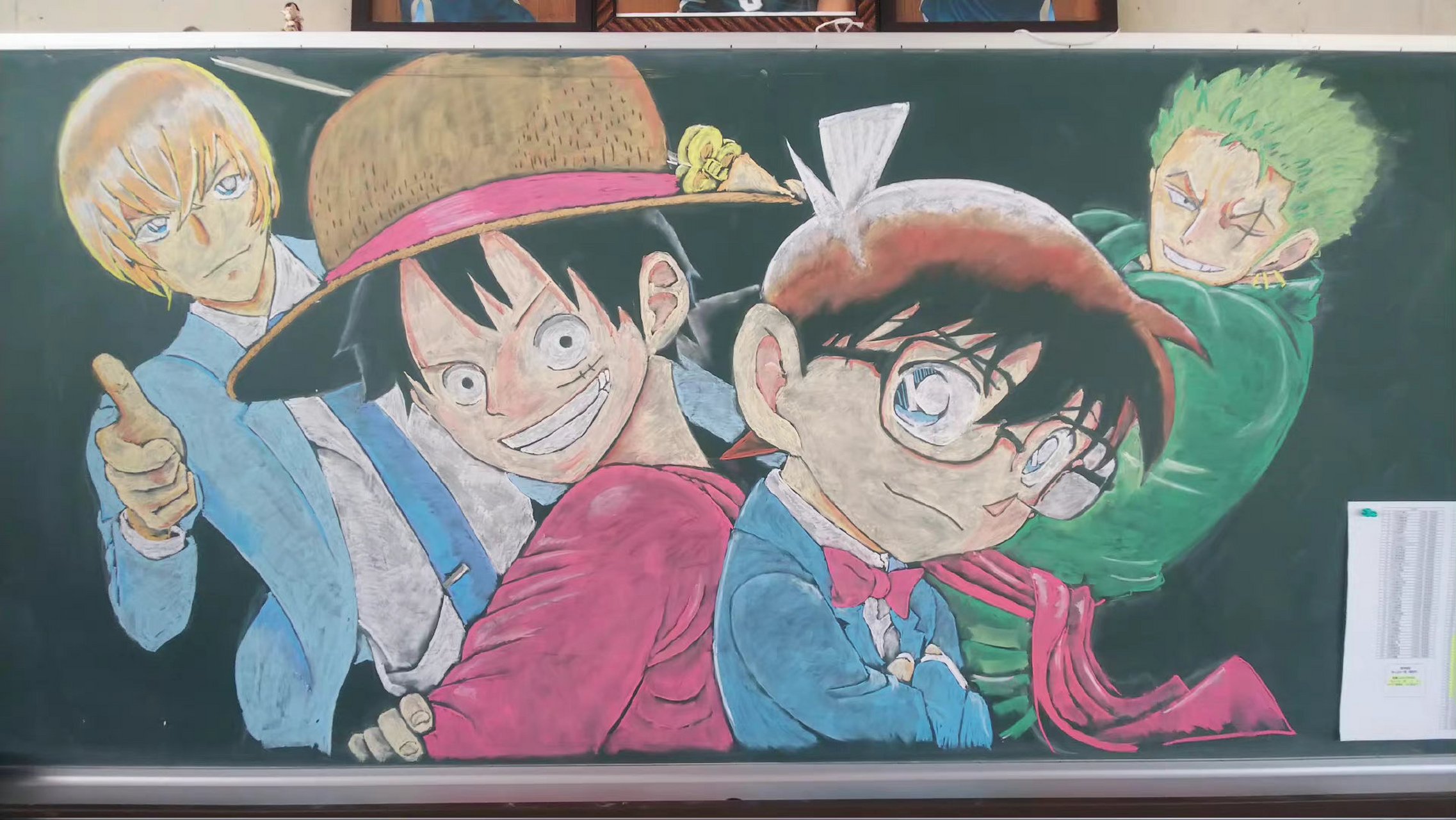 收集了一组日本学校的黑板报,不愧是动漫大国,很多经典的动漫都能画.