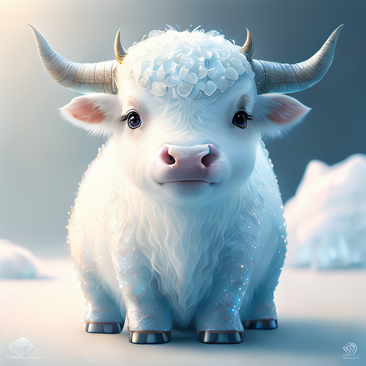 超详细的人物化可爱幻想冰牛宝宝的惊人肖像,穿着白色婚纱,闪闪发光的