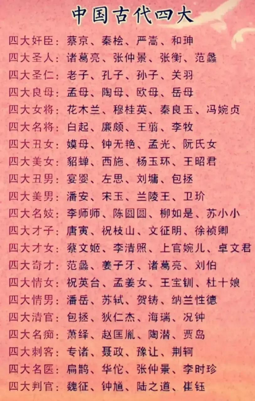 四大名将和四大女将,四大美女和四大丑女,四大丑男和四大美男