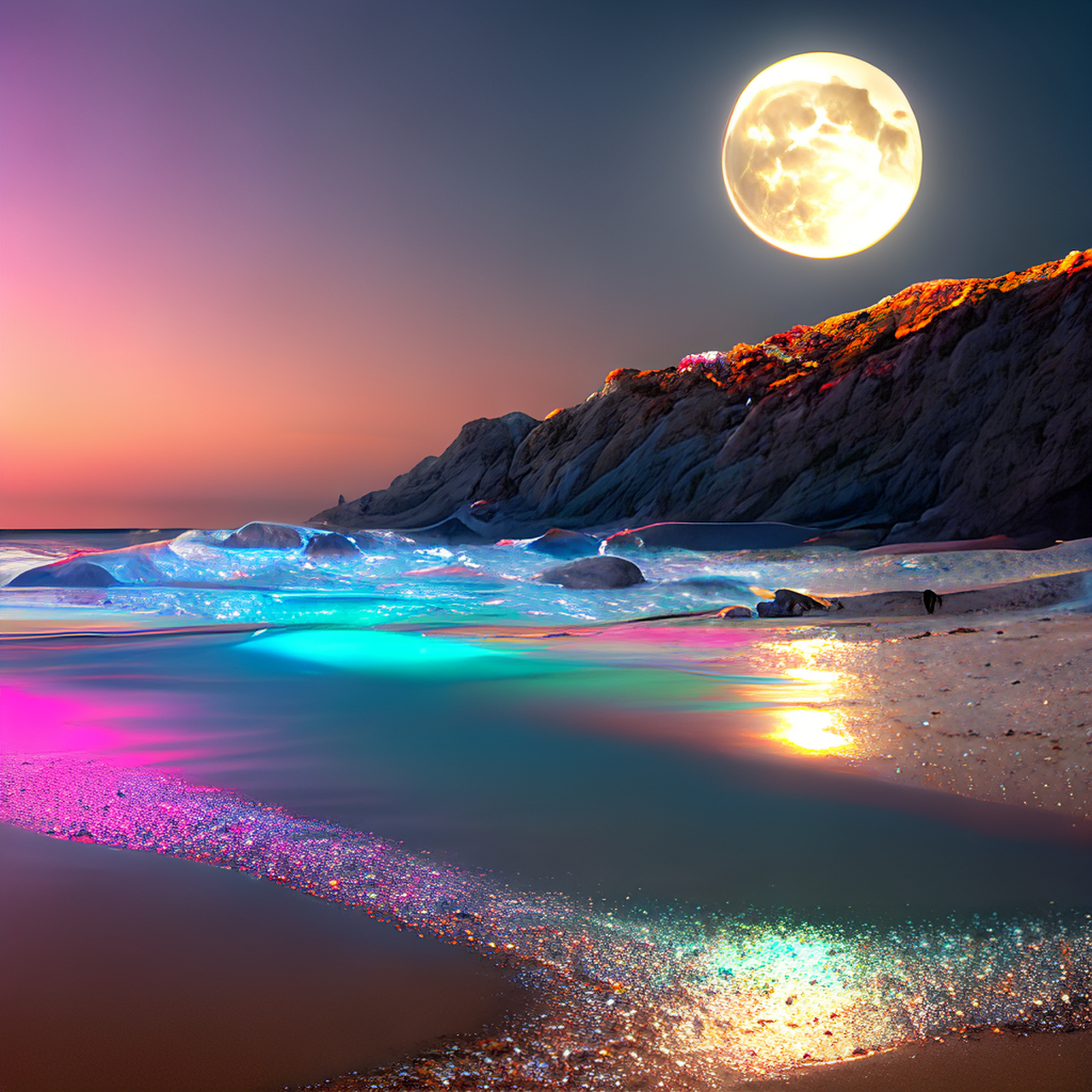 这是一个超现实而复杂的夜晚cg渲染,天空中的大月