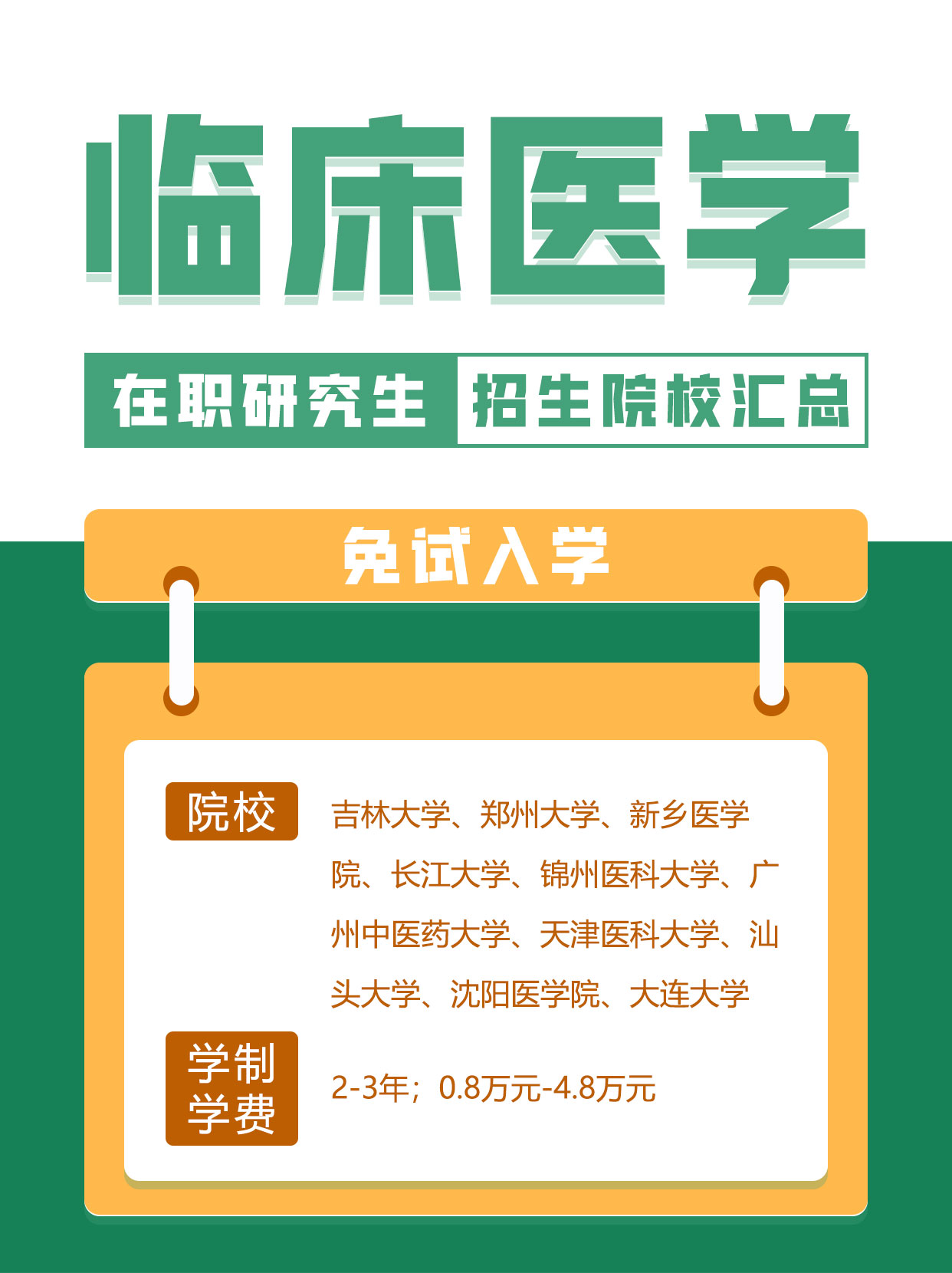 免试入学 临床医学在职研究生院校: 吉林大学,郑州大学,新乡医学院