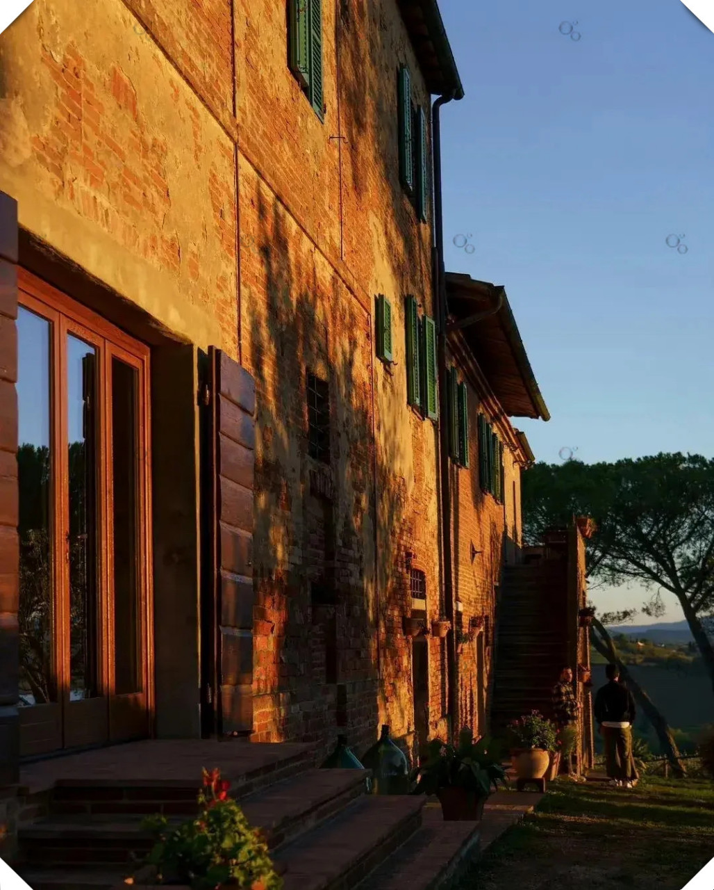 意大利托斯卡纳的庄园民分享  ,一个拥有普通石头房子,铅笔松和连绵