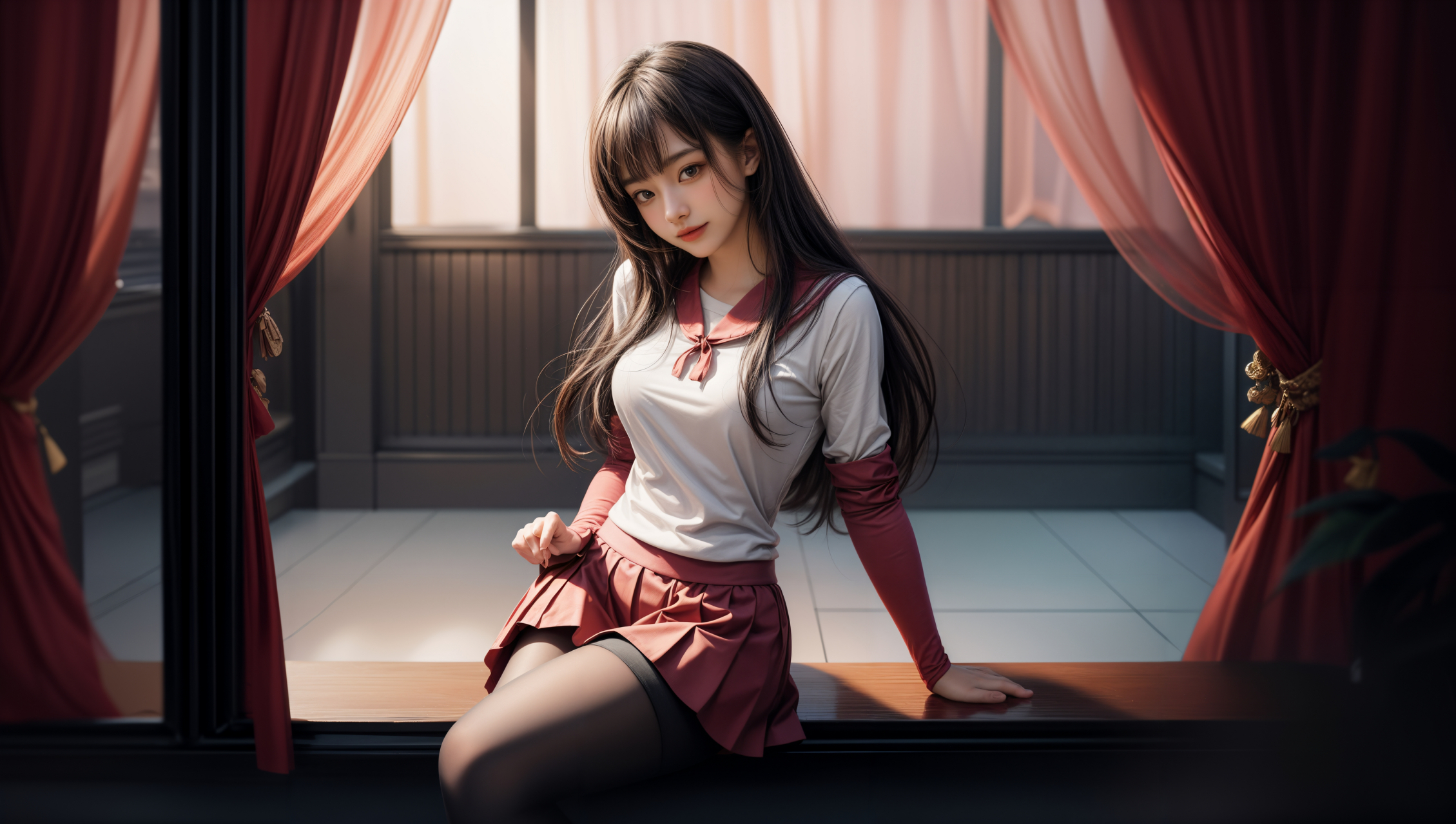 ai美女壁纸# 每日ai美女秀	她穿着粉色水手服,坐在校园的长椅上,送热