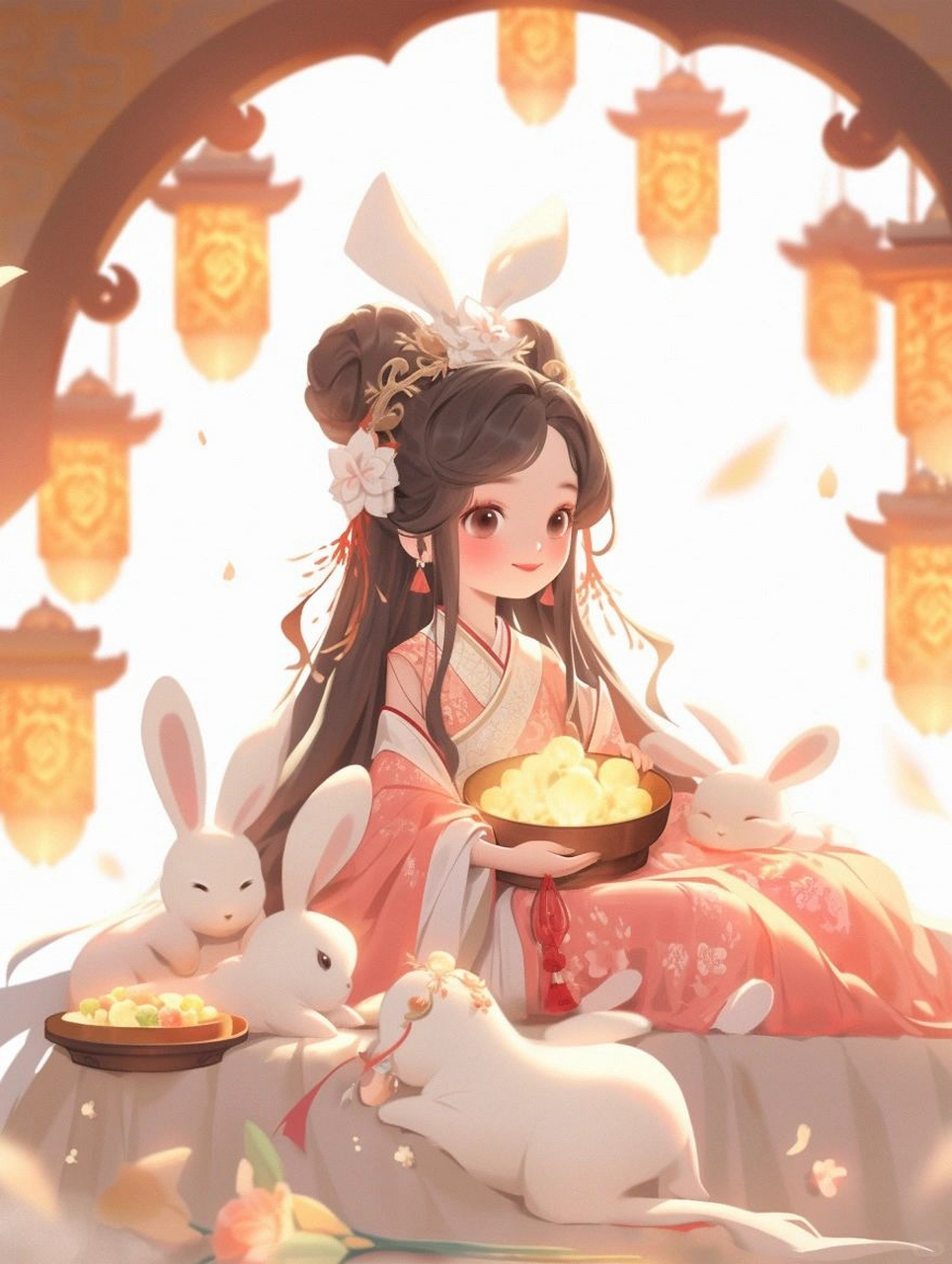 中秋|嫦娥玉兔可爱治愈  关键词:中秋节,一位仙女嫦娥身着中国古装,和