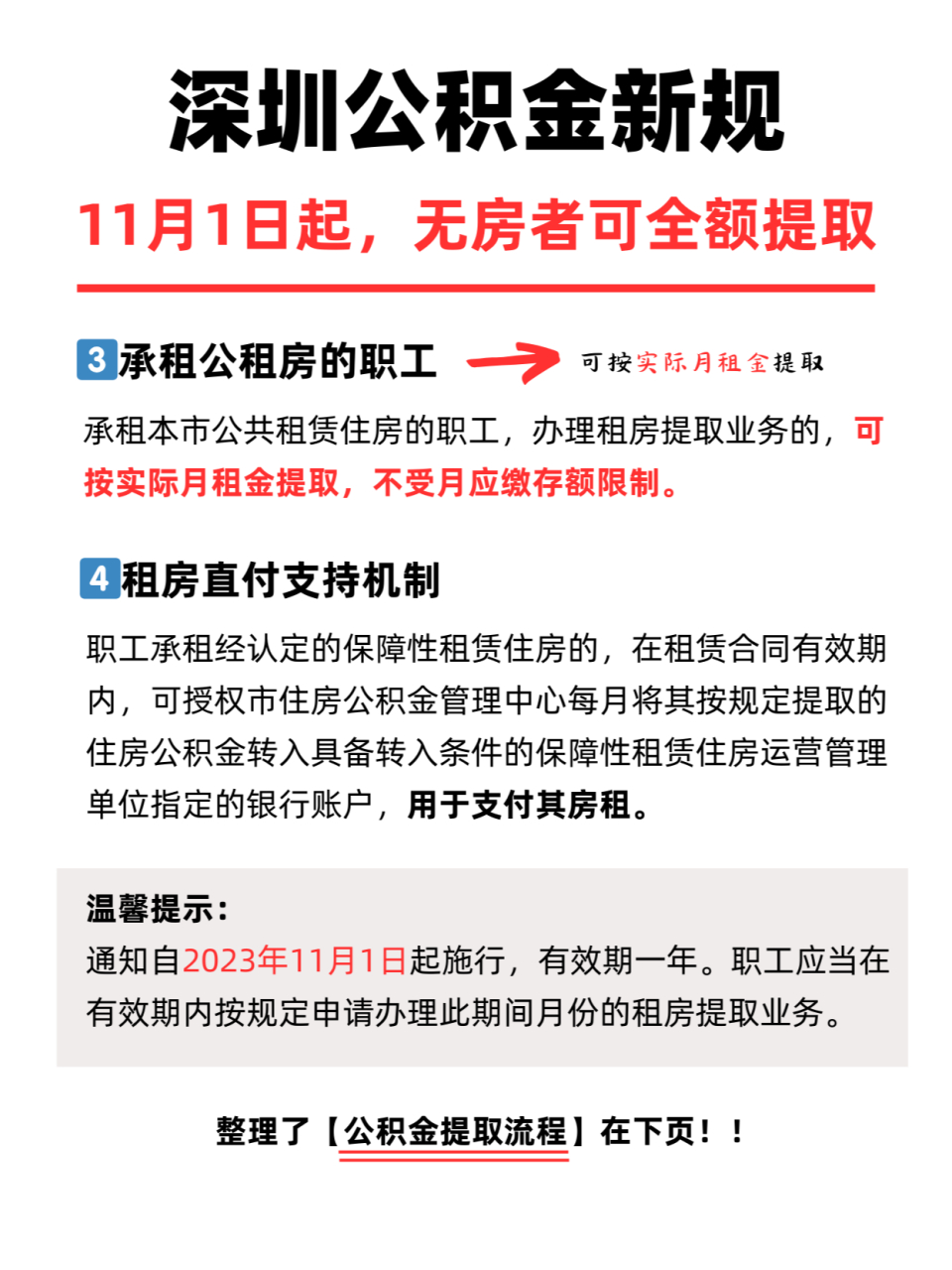 从11月1日起,深圳无房者可以全额提取公积金用于租房啦!