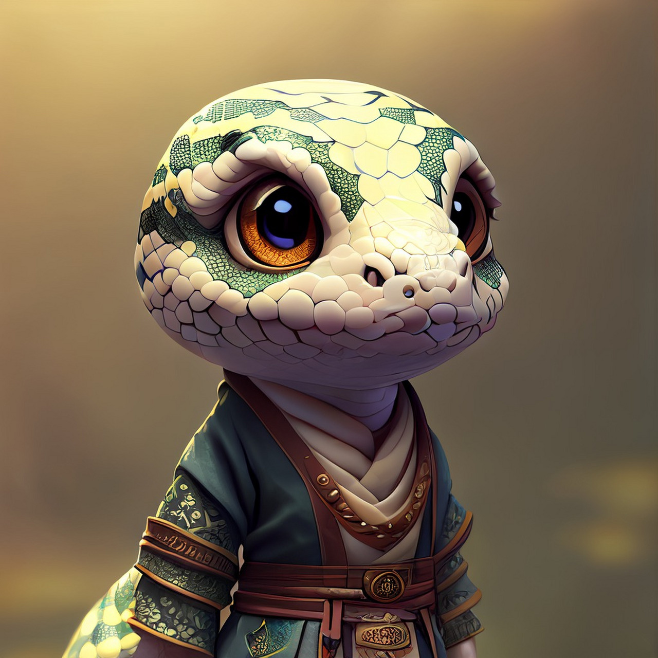 一个超可爱的小拟人蟒蛇在中国汉服皮克斯风格,站立,大迷人的眼睛