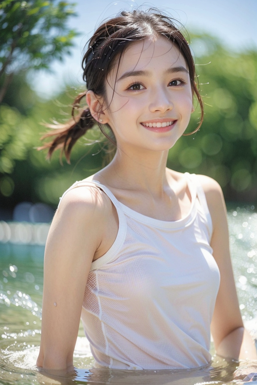 清纯美少女,甜美笑容与性感魅力的纯真写真摄影作品,夏季泳池避暑