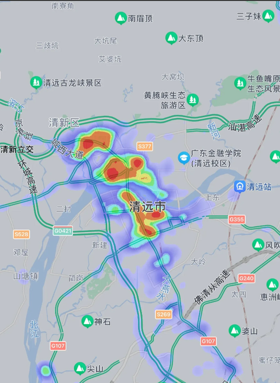 同比例下广东清远和肇庆两座城市的城区热力图对比,都是广州边上的