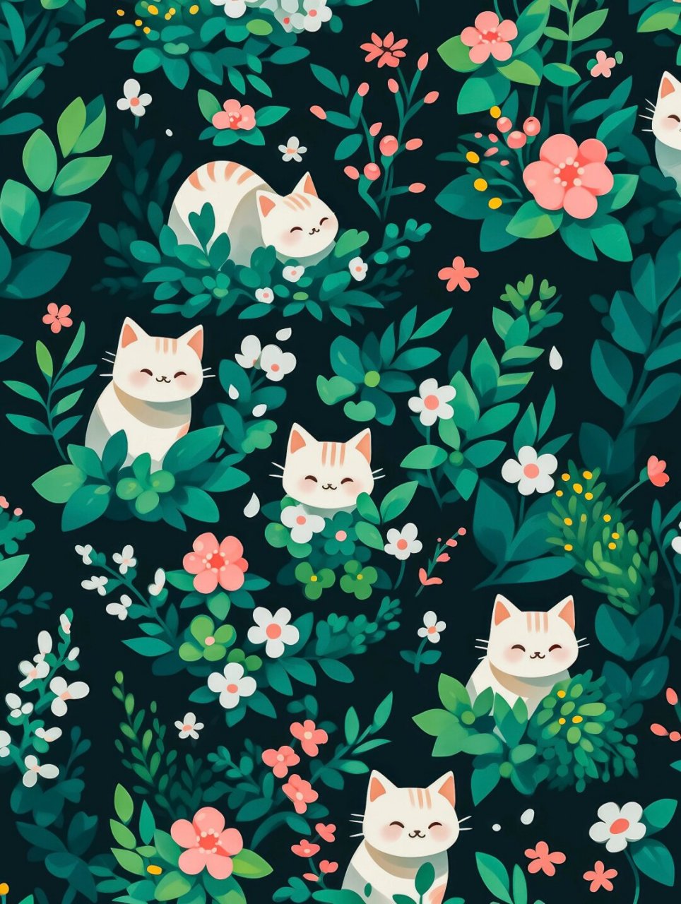 插画壁纸花丛中的猫  在这张插画壁纸中,我们可以看到一只可爱的猫咪