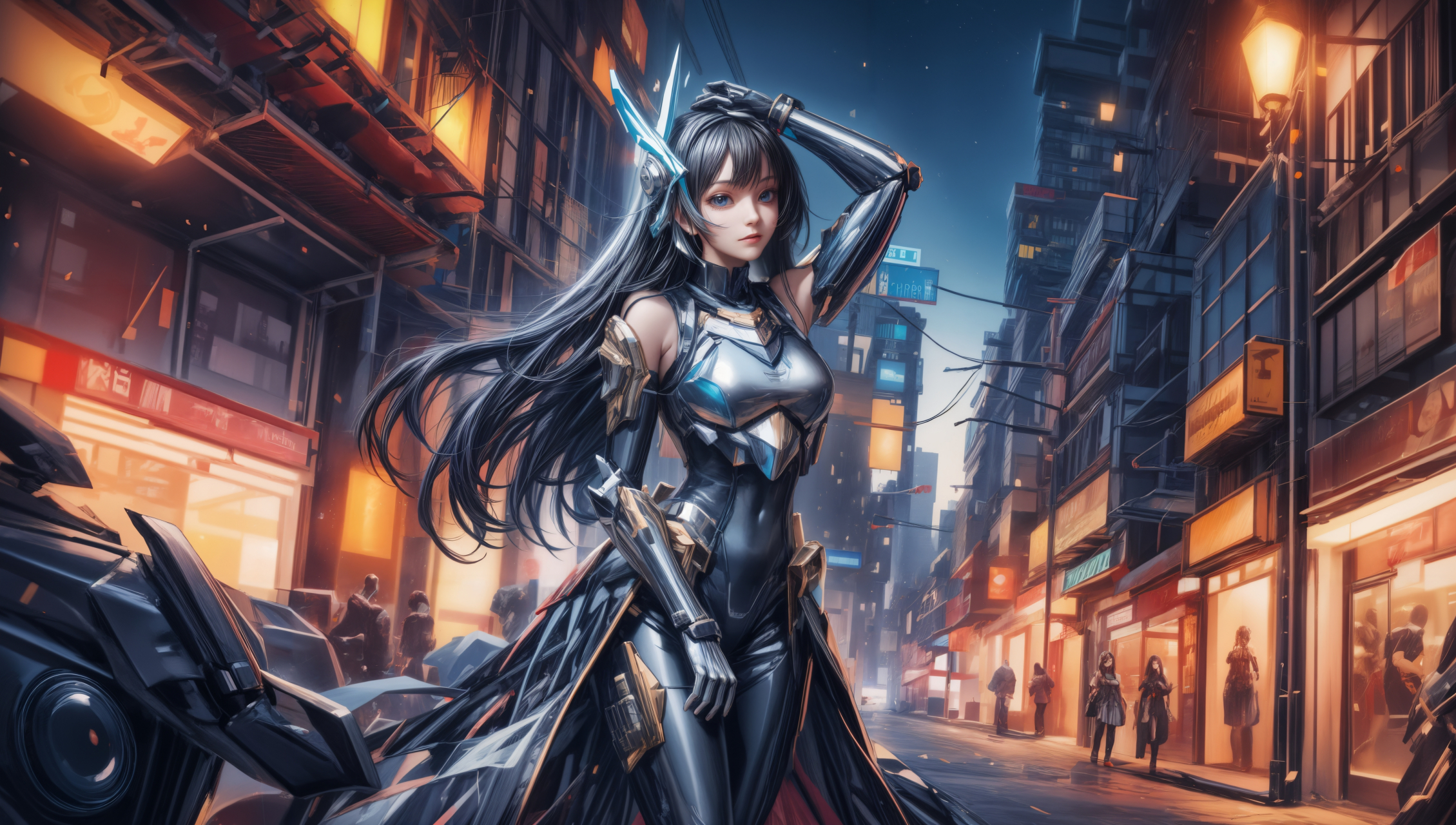 ai美女壁纸# 每日ai美女秀	在一座充满未来科技感的赛博朋克城手行