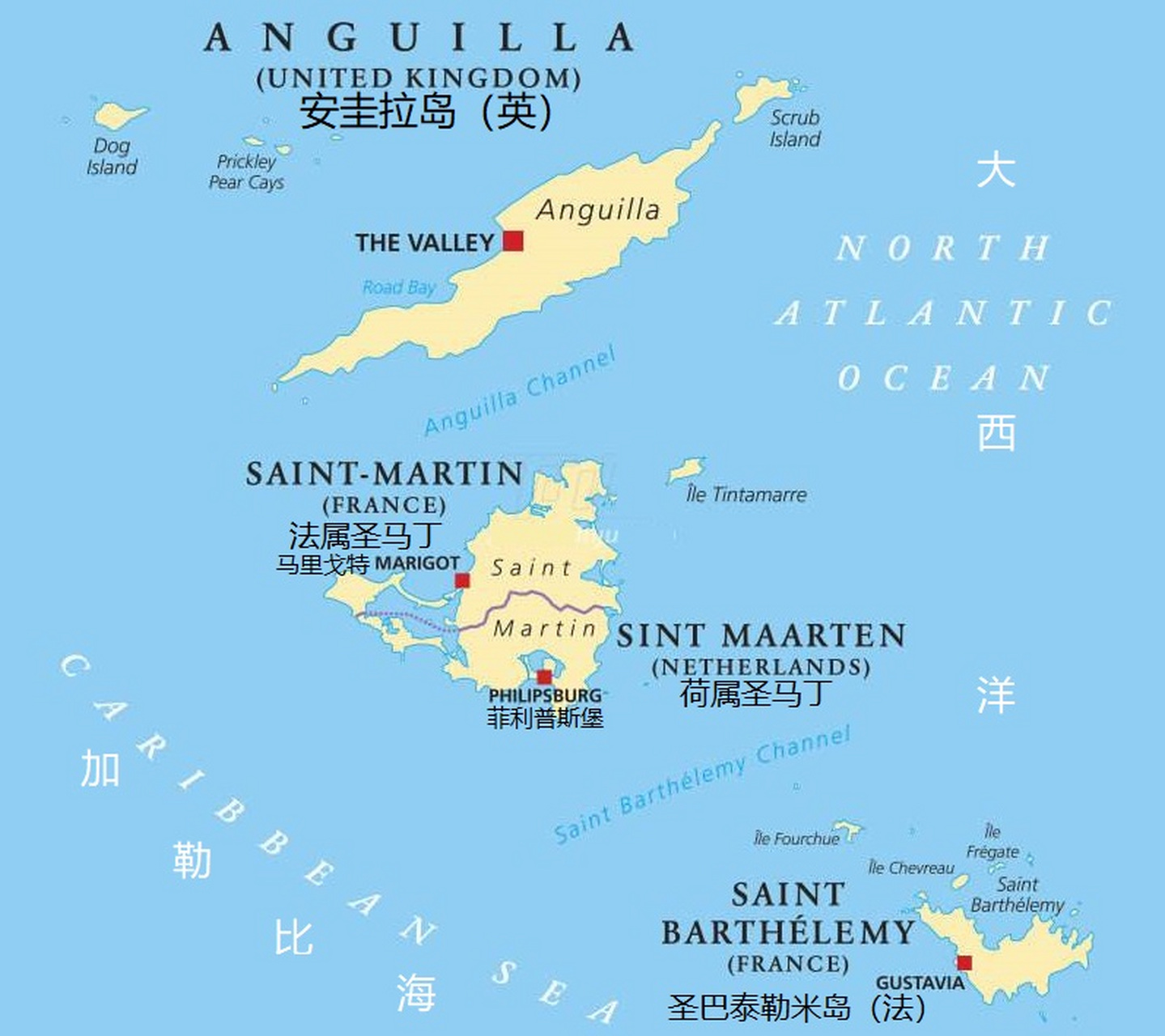 圣马丁岛,安圭拉岛和圣巴泰勒米岛地图