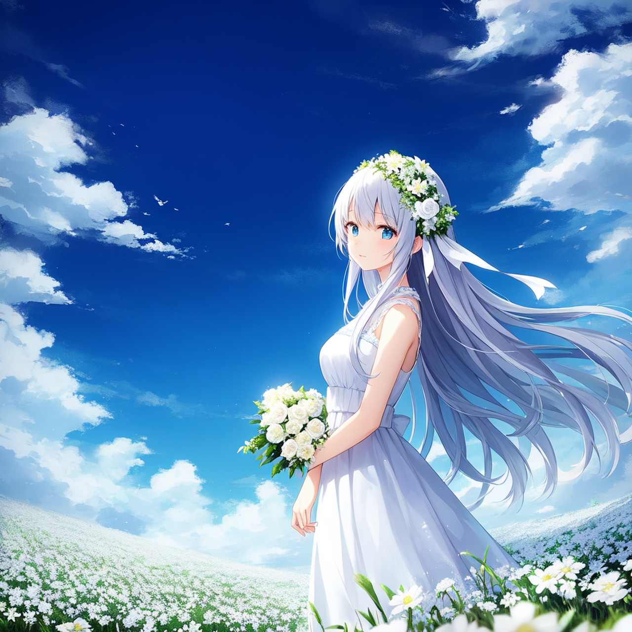 少女笑容如花, 风吹动她的发梢, 她抬头仰望天空, 心中充满美好的