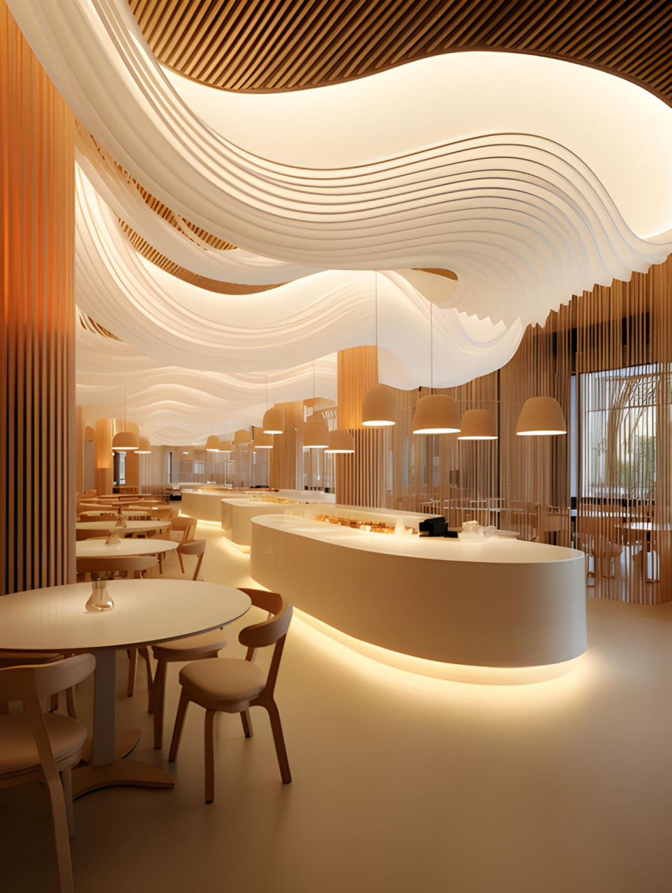 沙漠流沙造型,波浪处衔接灯带,餐厅氛围  - 流沙造型天花是一种独特而
